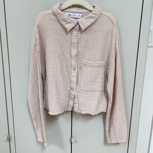 ZARA Kids Girl taupe neutral Button up crop long sleeve shirt, Sz 10 - beach